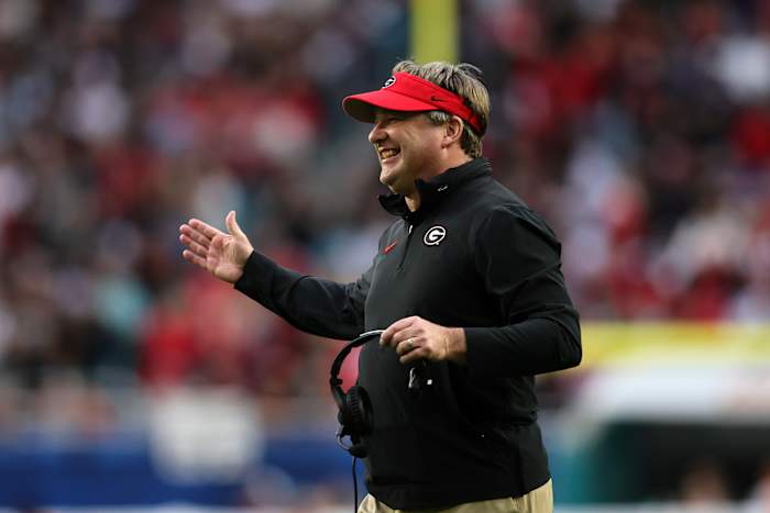Dec 30, 2023; Miami Gardens, FL, USA; Georgia Bulldogs head coach Kirby Smart reacts during the first half in the 2023 Orange Bowl against the Florida State Seminoles at Hard Rock Stadium. Mandatory Credit: Sam Navarro-USA TODAY Sports